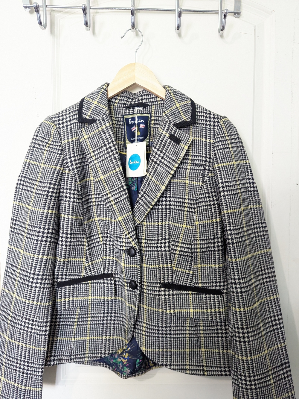 Boden Black, Cream & Yellow Plaid Tailored Blazer